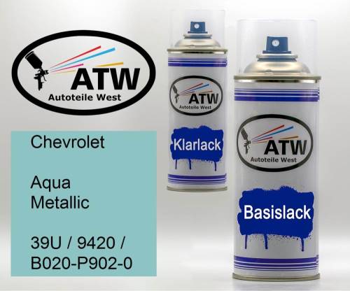 Chevrolet, Aqua Metallic, 39U / 9420 / B020-P902-0: 400ml Sprühdose + 400ml Klarlack - Set, von ATW Autoteile West.